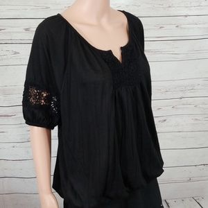 New Directions L Black Boho Blouse Elastic Waist
